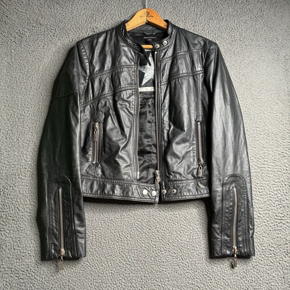 Vintage Y2K Bebe Black Genuine Leather Moto Jacket 90s Women Medium Cropped EUC